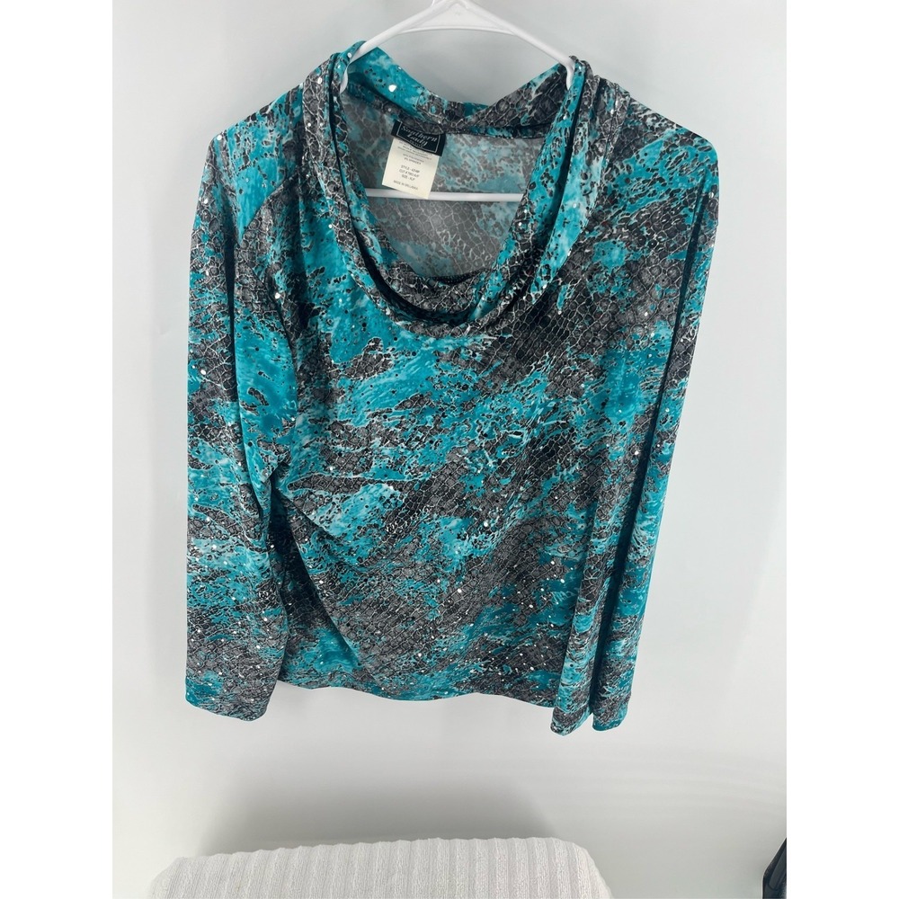 Southern Lady Women's Cowl Neck Long Sleeve Top Blue Gray Rhinestones XLP